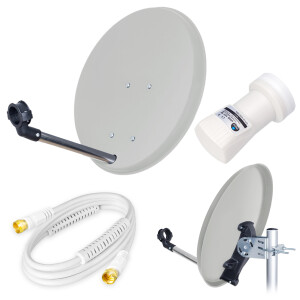 SET Satellitenschüssel 40cm Stahl hellgrau + Single LNB hb-digital UHD 101W weiß + 15m Anschlusskabel weiß
