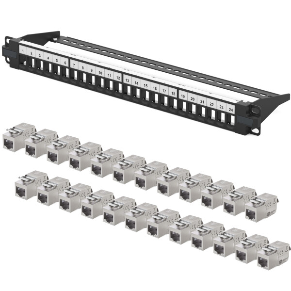 Patchpanel 24-Port mit Cat.6a RJ45 Keystone Module 19" Patchfeld 1HE