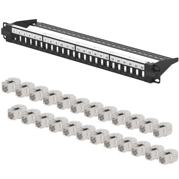 Patchpanel 24-Port mit Cat.7 RJ45 Keystone Module 19" Patchfeld 1HE