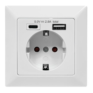 Flush-mounted socket outlet with earthing contact with 1x USB-C and 1x USB-A white