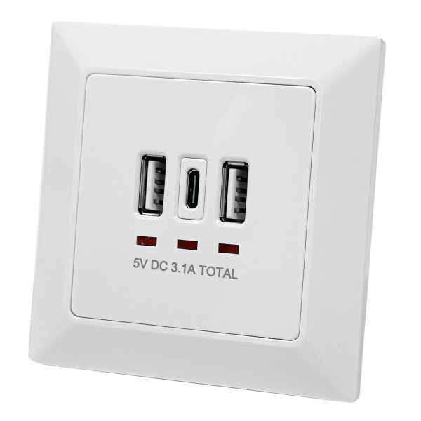 Flush-mounted wall socket with 2x USB-A and 1x USB-C ports white