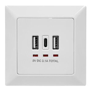 Flush-mounted wall socket with 2x USB-A and 1x USB-C ports white