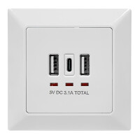 Prise murale encastrée avec 2x ports USB-A et 1x USB-C blanc