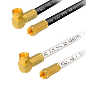 1m - 50m Câble de raccordement SAT 135dB 4-fois blindé Acier Cuivre avec fiche F coudée de compression dorée